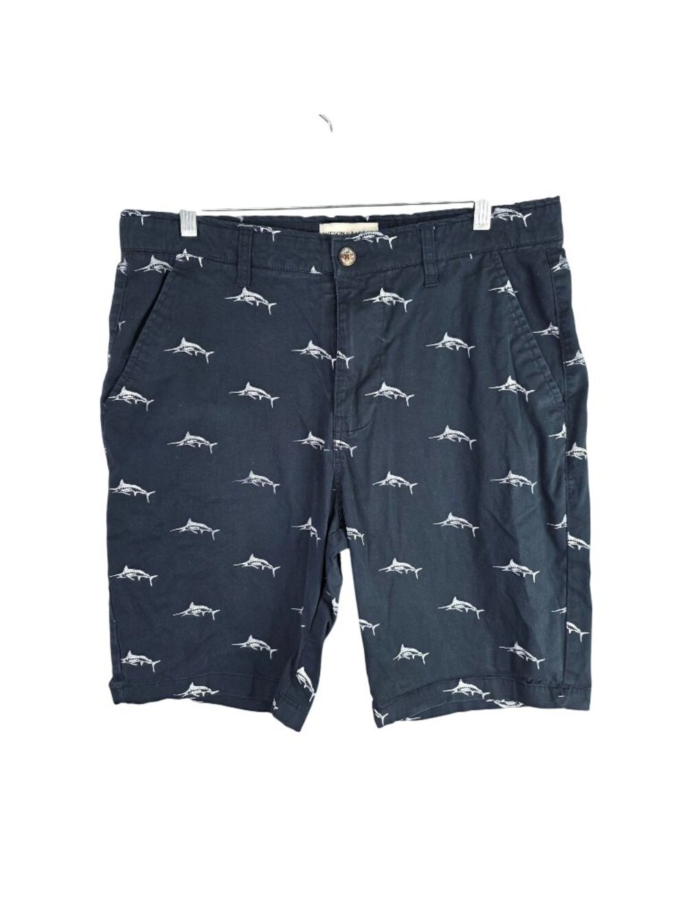 Mens Hudson & Barrow Navy Shark Print Cotton Blend Shorts 10" Inseam Size 34